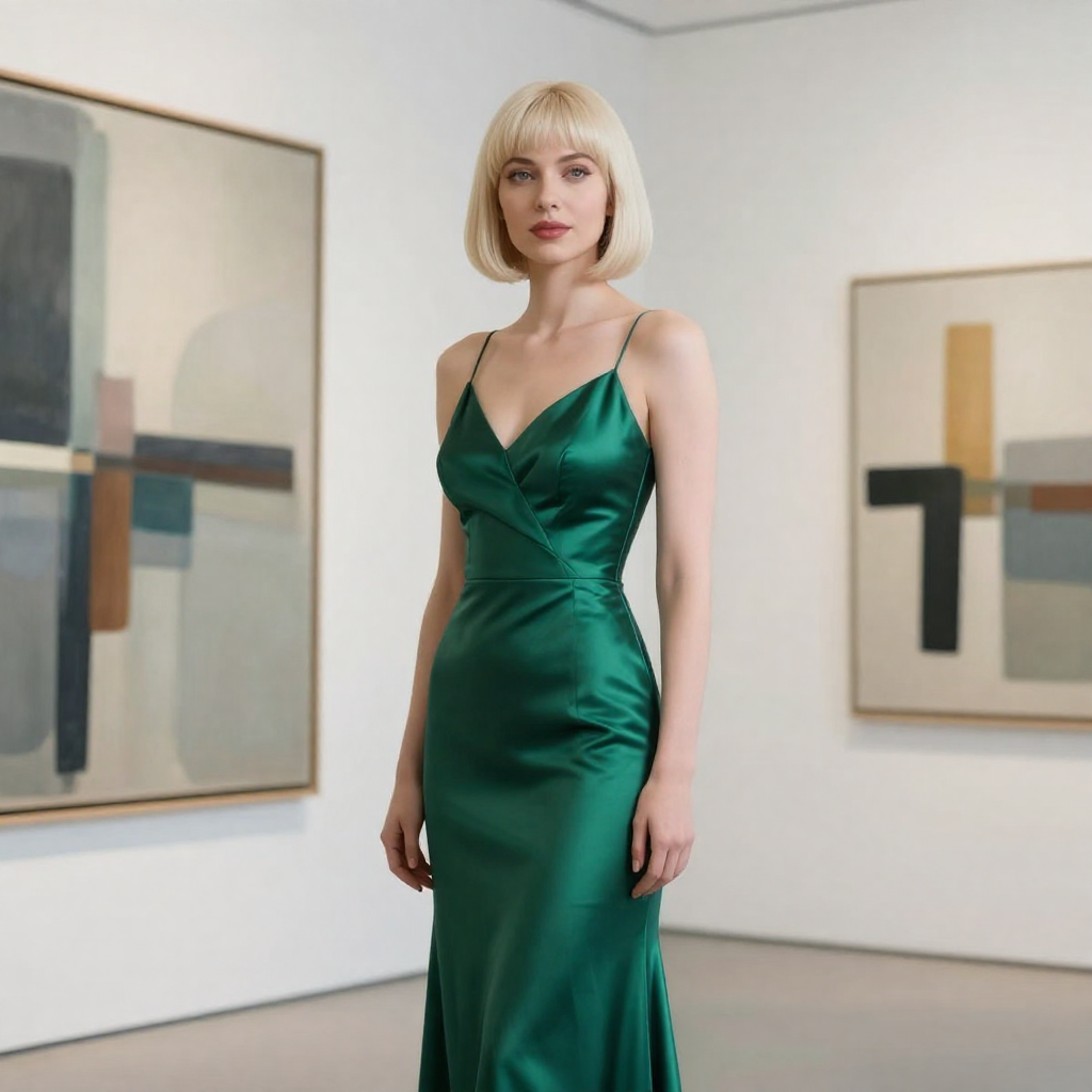 Editorial portrait of a fictional 27-year-old woman with a platinum blonde bob haircut and blue eyes,