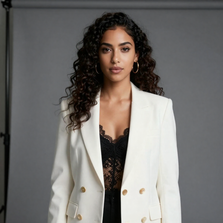 AI-generated studio portrait of a fictional adult woman with dark curly hair in a white blazer, produced with CreatorPro